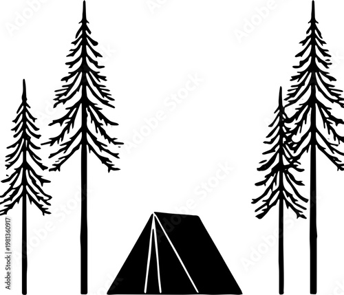 camping tent silhouette with pine trees vector 