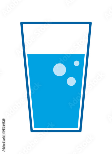 Glass of Water Vector Illustration. Flat Minimalist Blue Icon of Drinking Water with Bubbles for Health, Hydration, Nutrition and Wellness. Fresh Beverage Isolated on White Background Graphic Design