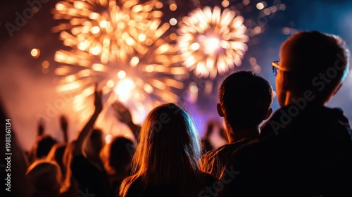 Crowd of people watching colorful fireworks display at night during a festive celebration with bright lights illuminating the sky