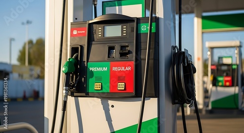 Close-up of a gas pump showing regular and premium fuel choices, green nozzle