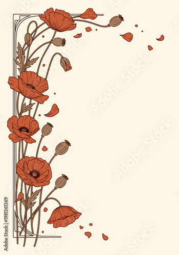 Minimal poppy flowers botanical frame with copy space floral background
