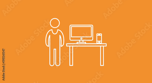 A simple white line drawing depicts a person standing before a desk with a computer and phone