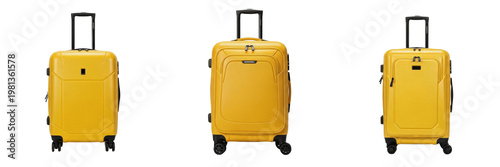 Фотография Realistic Yellow Hard Shell Suitcase Set with Wheels Isolated on White Backgroun