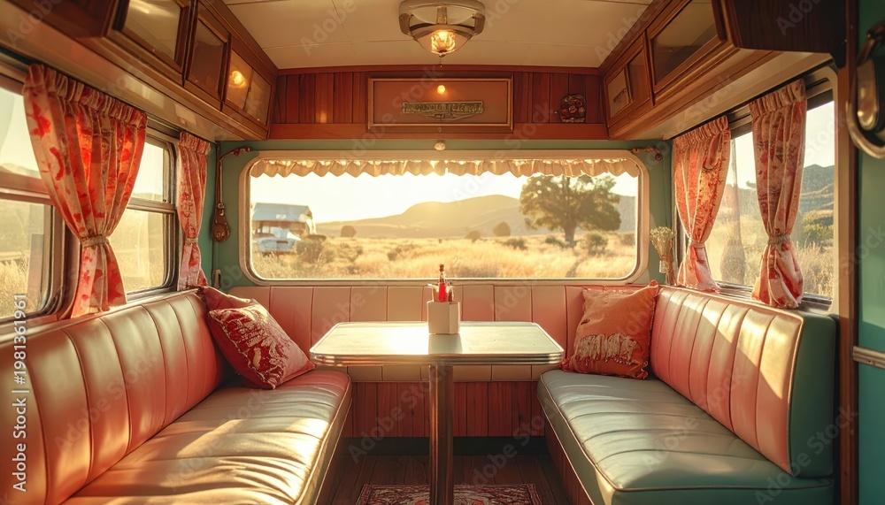 Obraz premium Cozy Vintage Caravan Interior with Scenic Landscape View.