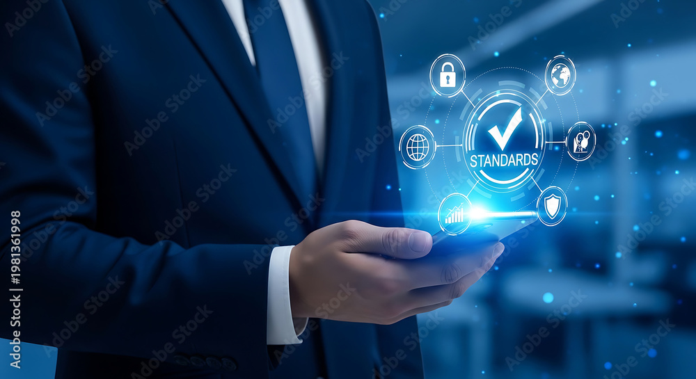 Fototapeta premium businessman presenting digital standards and quality management system on smartphone symbolizing corporate compliance and data security.