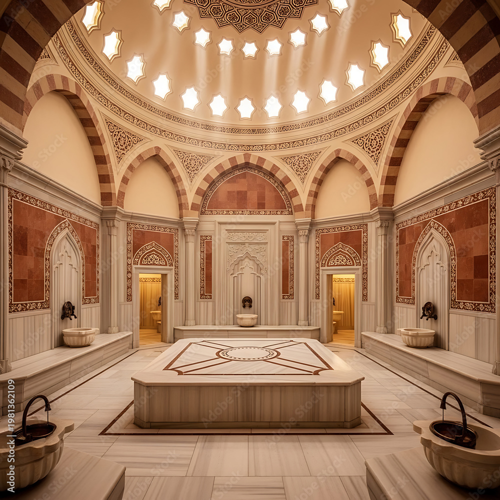 Fototapeta premium Luxurious traditional hammam interior with ornate marble and soft ambient lighting