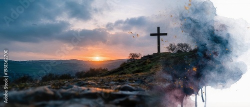 Soft watercolor landscape banner of the silhouette of Jesus Christ's cross on rolling hills, rendered in loose luminous washes of soft lavender, violet, and deep purple with wet-on-wet bleeds at the