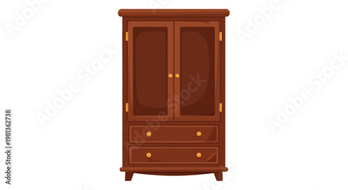 A detailed illustration of a classic brown wooden wardrobe with two doors and two drawers