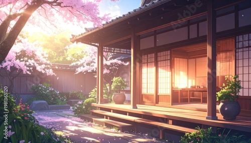 Traditional Japanese House with Cherry Blossoms.