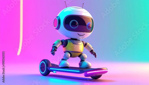 Robot Riding Skateboard Neon Background.