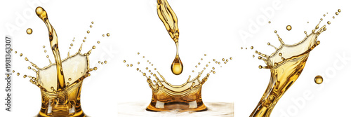 Slika na platnu Golden Oil or Honey Splash with Falling Droplets Collection Isolated on White Ba