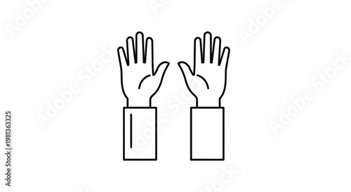 A simple black and white line drawing depicts two human hands gesturing outwards palms facing forward