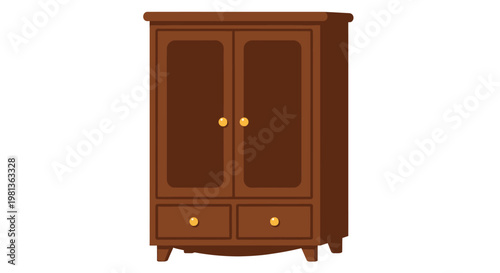 A cartoon illustration depicts a classic dark brown wooden wardrobe with two doors and drawers