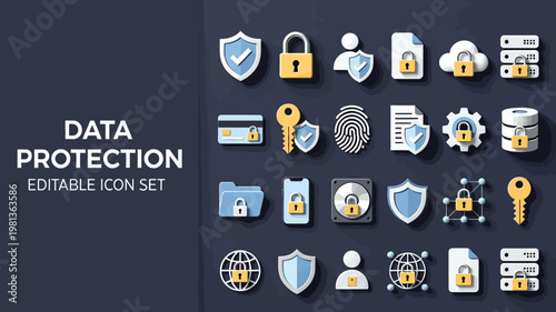A large collection of colorful 3D-style data protection icons with realistic shadows.