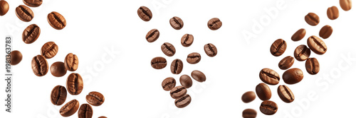 Fresh Roasted Coffee Beans Falling and Flying in Motion Set Isolated on White Background for Cafe Branding, Breakfast Energy Marketing, and Gourmet Drink Product Packaging Design.