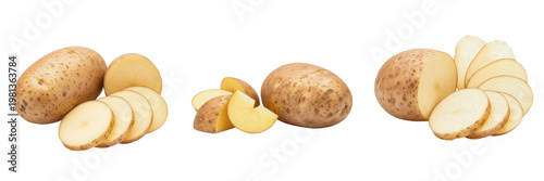 Photos Assorted Whole and Sliced Raw Potatoes Collection Isolated on White Background for Organic Vegetable Marketing, Healthy Carbohydrate Nutrition, and Culinary Cooking Ingredient Design
