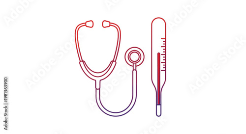 A minimalist illustration features a red stethoscope and a blue thermometer representing medical tools and healthcare