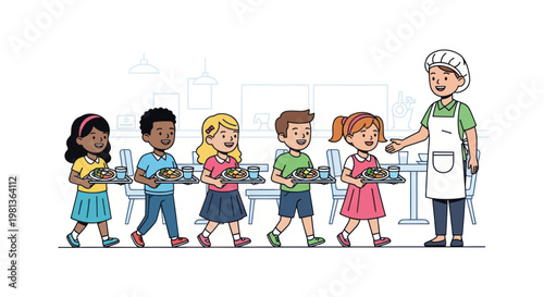 Children line up for lunch at school cafeteria with friendly server