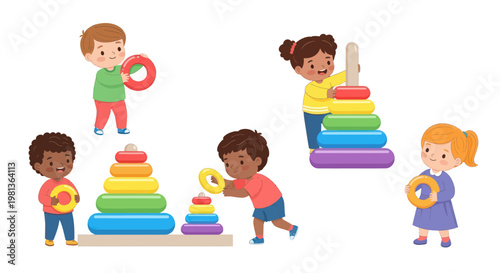 Children Playing with Stacking Rings Educational Toy