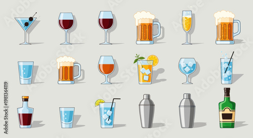 Collection of Refreshing Alcoholic and Non-Alcoholic Drinks in Glasses and Bottles