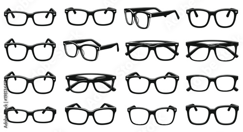 Collection of various black framed eyeglasses and spectacles, isolated on white background.