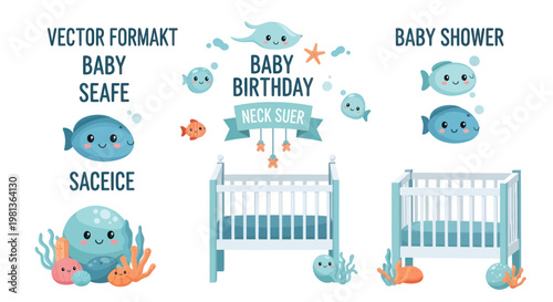 Cute Underwater Baby Shower and Birthday Graphics with Fish, Cribs, and Ocean Elements