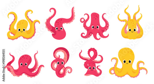 Cute Cartoon Octopuses Set: Yellow and Pink Characters