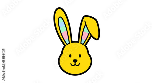 Cute yellow cartoon bunny face with colorful inner ears, isolated on white background.