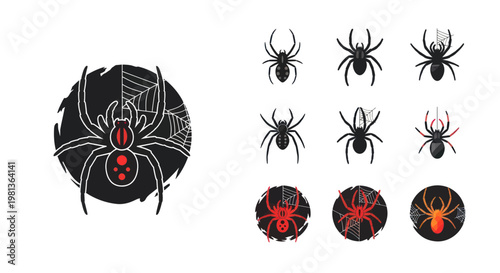 Collection of Spiders and Spiderwebs Icons, Halloween Vector Graphics