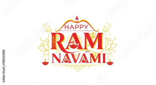 Happy Ram Navami Text with diya, lotus, and bow arrow - Indian festival greeting