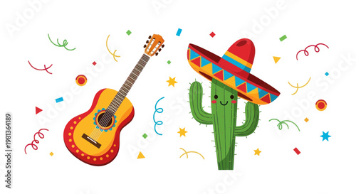 Happy Mexican Cactus and Guitar with Confetti