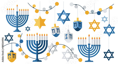 Happy Hanukkah decorations: Menorahs, dreidels, stars of David, and lights