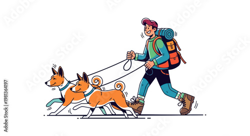 Happy Hiker with Two Dogs on Leash, Backpacking Adventure