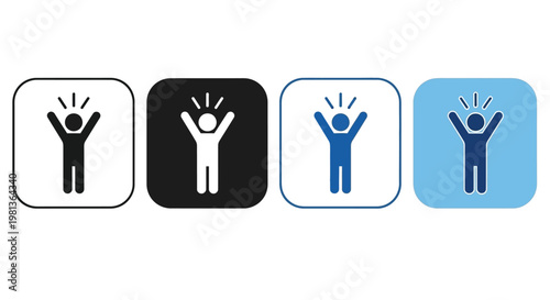 Four variations of a stick figure with arms raised in a celebratory gesture shown in different color schemes