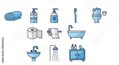A collection of simple bathroom icons depicting various hygiene and sanitation items
