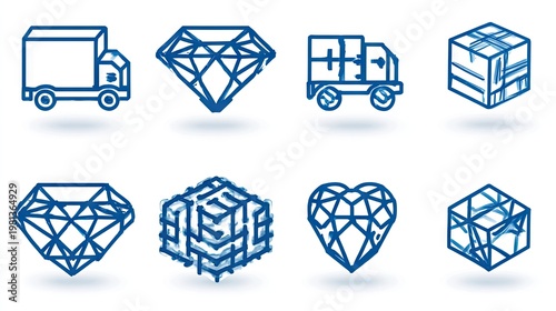 Collection of stylized, hand-drawn icons representing transport, delivery, and various faceted gemstones