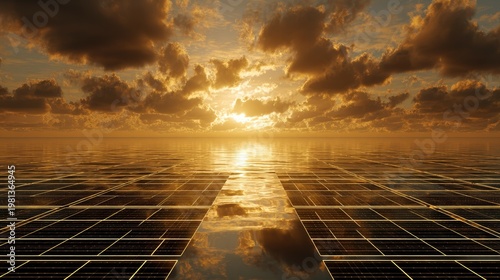 Expansive array of photovoltaic panels stretches across calm water beneath a dramatic golden sunset sky