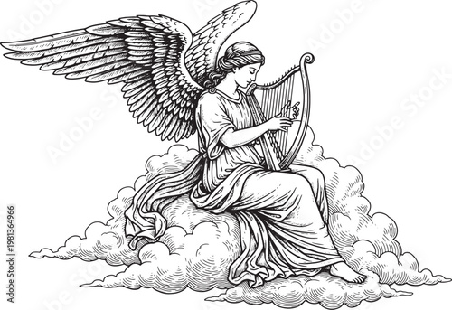 Vintage Engraving of Angel Playing Harp on Clouds Illustration