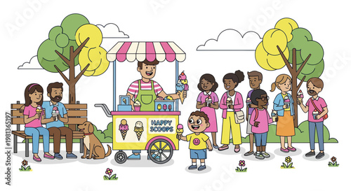 Happy Families Enjoying Ice Cream From A Colorful Cart In A Sunny Park