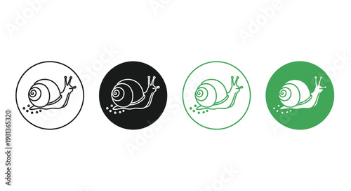 A series of four snail icons presented in different color schemes and circular frames