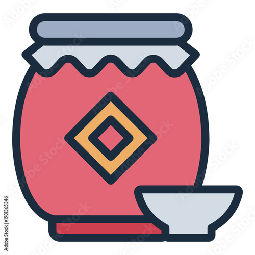 rice wine filled line icon. traditional spirit. ceramic jug. banquet table.