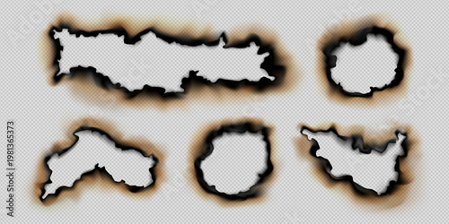 set of realistic effects of burnt and burning paper on a transparent background