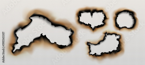 set of realistic effects of burnt and burning paper on a transparent background