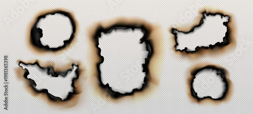 set of realistic effects of burnt and burning paper on a transparent background