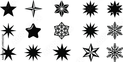Black star and snowflake icon set isolated on white background minimal vector collection