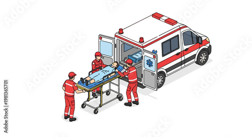 Vector illustration depicting emergency medical services Paramedics carefully loading a patient on a stretcher into a waiting ambulance for urgent care