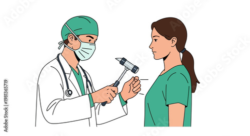 Vector illustration of a medical doctor performing a reflex hammer test on a patient, showcasing a healthcare examination
