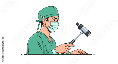 Vector illustration of a medical professional holding a reflex hammer, ready to perform a neurological examination, detailed medical equipment