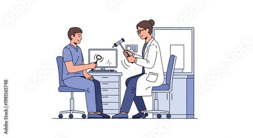 Vector illustration of a doctor performing a neurological reflex hammer test on a male patient during a medical checkup in a modern clinic setting