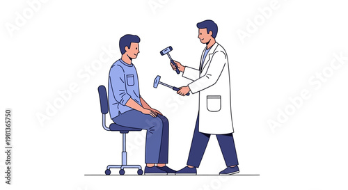 Doctor Performing Reflex Hammer Test on Patient Sitting on Chair, Medical Examination Vector Illustration